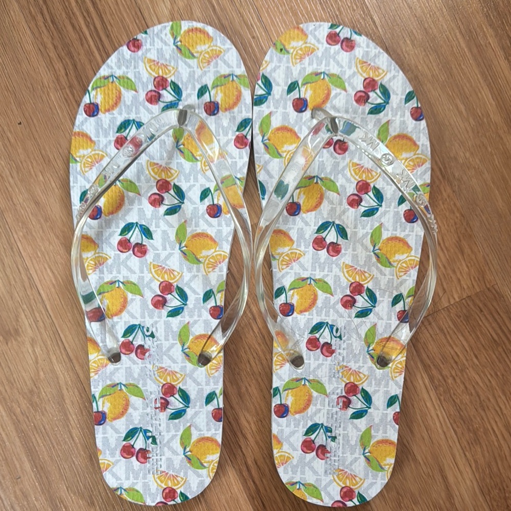Micheal Kors Fruit Print Flip Flops with Clear Straps